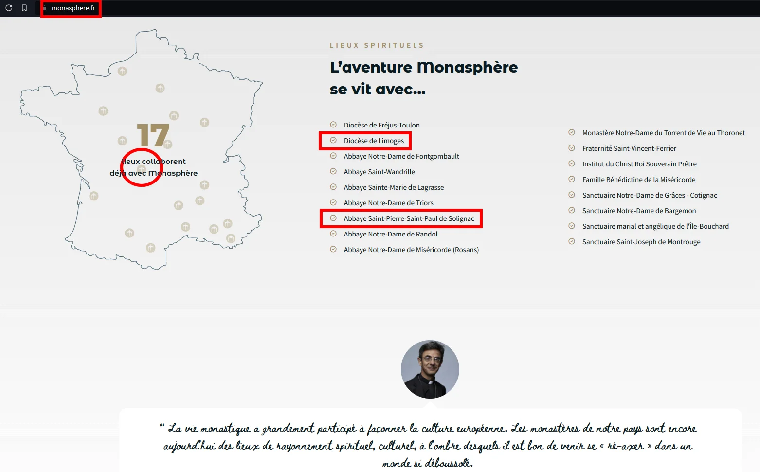 Capture d&rsquo;écran du site monasphere.fr présentant une carte de France avec 17 lieux collaborateurs et une liste incluant le Diocèse de Limoges et l&rsquo;Abbaye Saint-Pierre-Saint-Paul de Solignac encadrés en rouge.