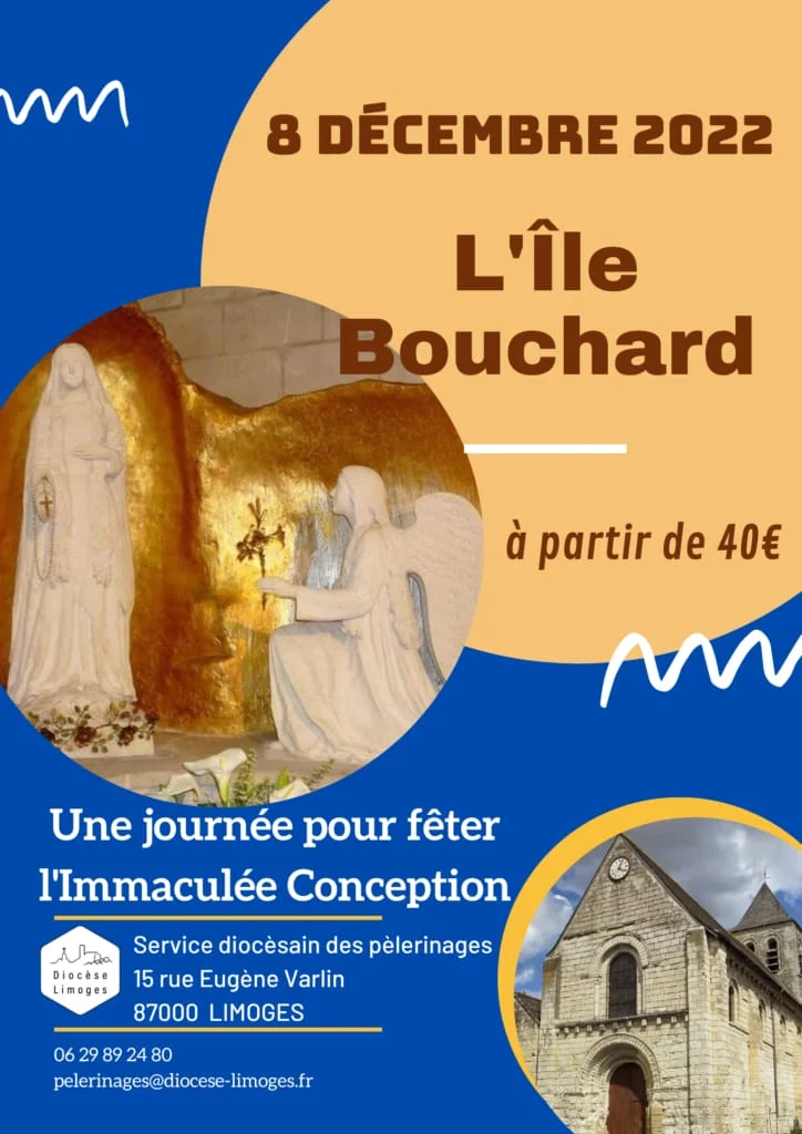 Affiche du diocèse de Limoges pour un pèlerinage à L'Île-Bouchard le 8 décembre 2022, illustrée par la statue de l'apparition de la Vierge Marie et une vue de l'église Saint-Gilles.