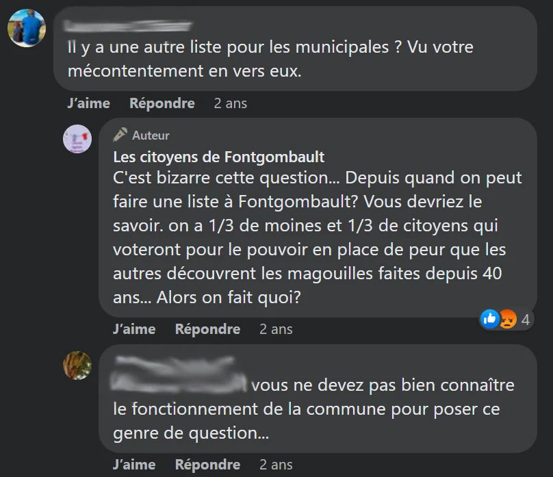 Capture d'écran d'un fil de commentaires sur Facebook concernant les élections municipales à Fontgombault. Un internaute interroge la page « Les citoyens de Fontgombault » sur l'existence d'une autre liste électorale. L'auteur de la page répond en évoquant le poids des moines et des citoyens favorables au pouvoir en place dans la commune.