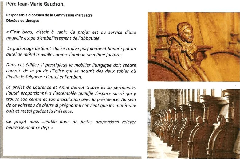 Extrait de document reproduisant le témoignage du Père Jean-Marie Gaudron, responsable diocésain de la Commission d&rsquo;art sacré du Diocèse de Limoges, soutenant le projet d&rsquo;aménagement liturgique de l&rsquo;abbatiale de Solignac. Le texte est accompagné à droite de deux photographies montrant des détails sculptés des stalles en bois de l&rsquo;abbaye.