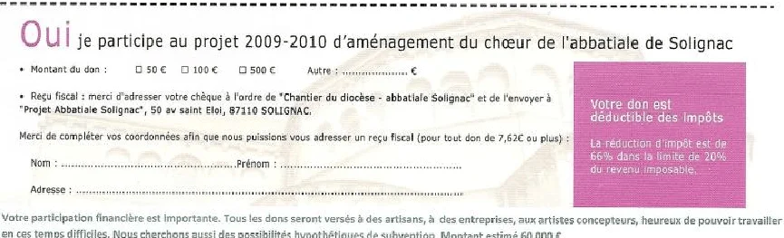 Formulaire d'appel aux dons pour le projet 2009-2010 d'aménagement du chœur de l'abbatiale de Solignac, indiquant les modalités de souscription, l'adresse d'envoi des chèques et les informations relatives à la déduction fiscale.