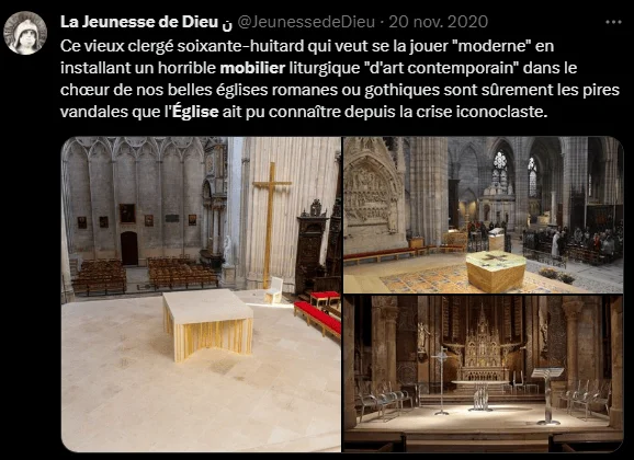 Capture d'écran d'une publication X du compte « La Jeunesse de Dieu » critiquant l'installation de mobilier liturgique contemporain dans des églises, accompagnée d'un montage de trois photos d'intérieurs d'édifices religieux équipés de tels mobiliers.