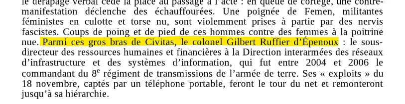 Extrait du livre vol au dessus d&rsquo;un nid de fachos, surligné et mentionnant la présence du colonel Gilbert Ruffier d&rsquo;Épenoux parmi les militants de Civitas lors d&rsquo;échauffourées contre des militantes Femen.
