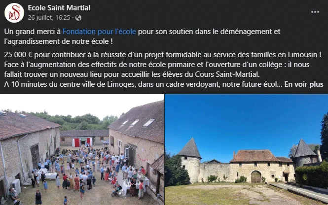 Capture d'écran d'une publication Facebook de l'École Saint Martial remerciant la Fondation pour l'école pour un don de 25 000 €, illustrée par deux photos : un rassemblement de personnes dans la cour d'un corps de ferme et la façade du château du Ligoure au Vigen.