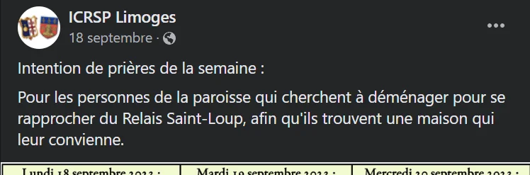 Capture d'écran d'une publication Facebook de l'ICRSP Limoges partageant une intention de prière de la semaine pour les paroissiens souhaitant déménager près du Relais Saint-Loup.
