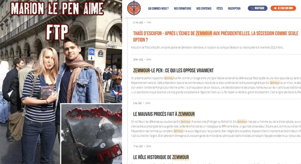 Montage présentant à gauche une photo de jeunesse de Marion Maréchal posant dans la rue, surmontée du texte « MARION LE PEN AIME FTP », avec en médaillon un homme tenant un fumigène, et à droite une capture d'écran du site web d'AC publiant des articles sur Éric Zemmour et Thaïs d'Escufon.