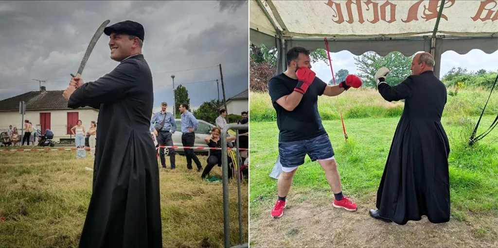 Deux photographies de l&rsquo;abbé Raffray en soutane lors d&rsquo;une fête en plein air : à gauche, portant une casquette et brandissant une machette devant du public ; à droite, boxant avec des gants face à un homme en short sous une tente.