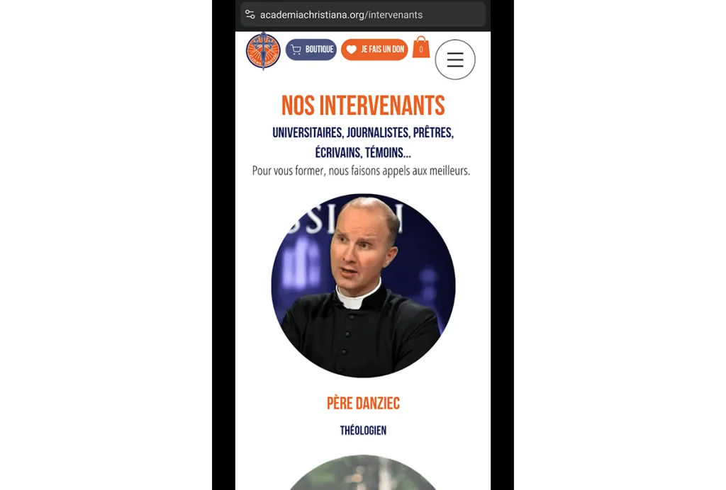 Capture d&rsquo;écran de la page « Nos intervenants » du site web d&rsquo;Academia Christiana présentant le portrait du Père Danziec, identifié comme théologien.