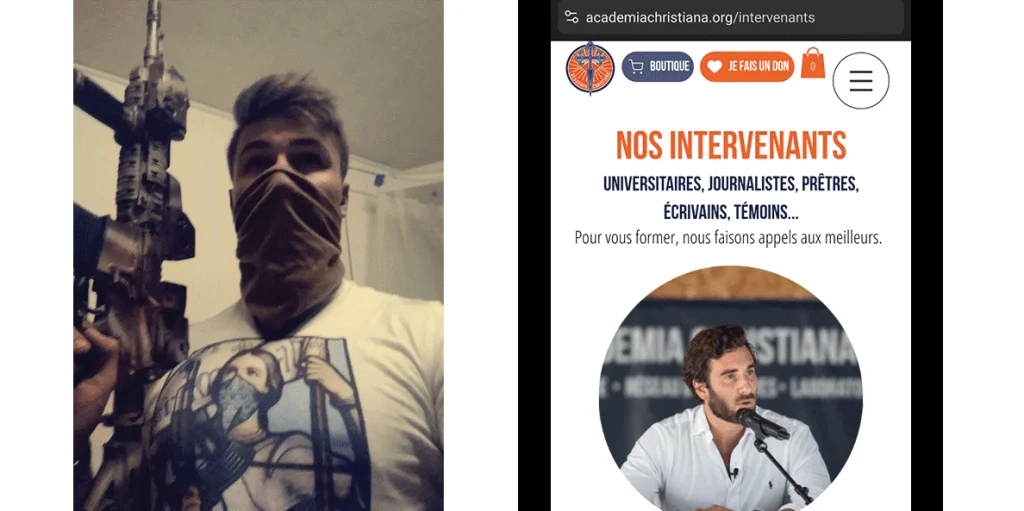 ontage juxtaposant à gauche Loïc le Priol le visage masqué tenant un fusil d&rsquo;assaut, et à droite une capture d&rsquo;écran de la page « Nos intervenants » du site web d&rsquo;Academia Christiana montrant le portrait de Julien Rochedy s&rsquo;exprimant devant un micro.