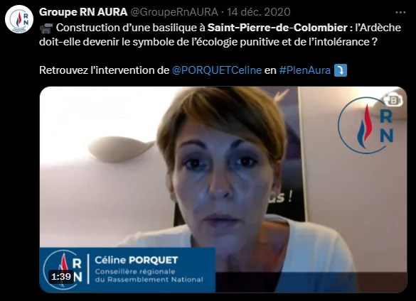 Capture d&rsquo;écran d&rsquo;une publication du groupe RN AURA sur X (Twitter) présentant une vidéo de Céline Porquet, conseillère régionale du Rassemblement National, s&rsquo;exprimant sur la construction de la basilique à Saint-Pierre-de-Colombier.