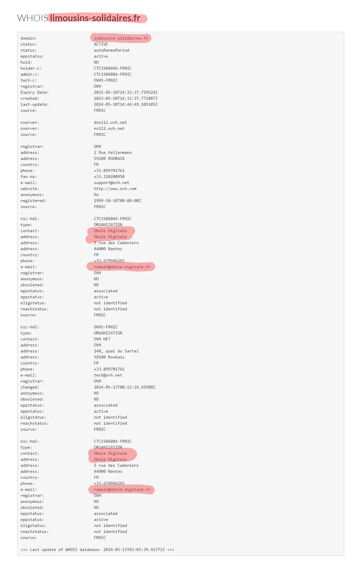 Capture d&rsquo;un enregistrement WHOIS pour le nom de domaine limousins-solidaires.fr, indiquant qu&rsquo;il est géré et enregistré par l&rsquo;organisation Obole Digitale.