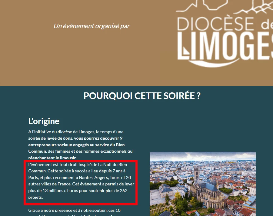 Capture d&rsquo;écran de la page de présentation d&rsquo;une soirée de levée de dons organisée par le Diocèse de Limoges, expliquant que l&rsquo;événement s&rsquo;inspire directement de La Nuit du Bien Commun.