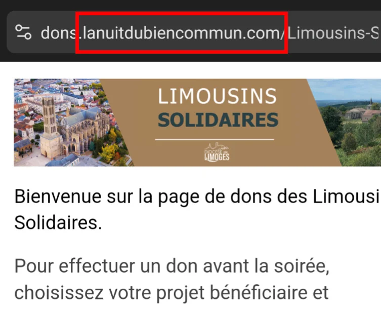 Capture d&rsquo;écran de la page de dons des « Limousins Solidaires », sur le site lanuitdubiencommun.com, avec une bannière montrant la cathédrale de Limoges.