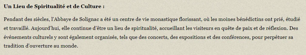 Extrait de texte d'un commerçant présentant l'Abbaye de Solignac comme un lieu de spiritualité et de culture, évoquant son histoire monastique et ses activités actuelles.
