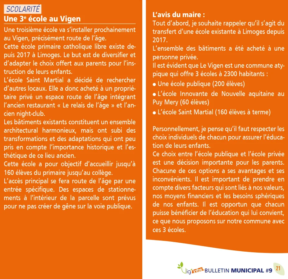 Extrait du bulletin municipal n° 9 du Vigen détaillant l'installation de l'école Saint-Martial et l'avis du maire, de juin 2024.