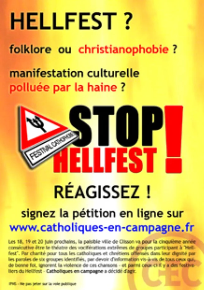 Affiche du collectif « Catholiques en campagne » appelant à signer une pétition en ligne contre le festival Hellfest, intitulé « Stop Hellfest ! » sur fond de flammes.