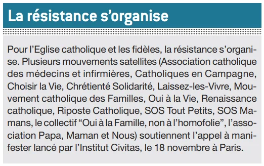 Extrait de presse intitulé « La résistance s&rsquo;organise », listant divers mouvements catholiques soutenant un appel à manifester lancé par l&rsquo;Institut Civitas.