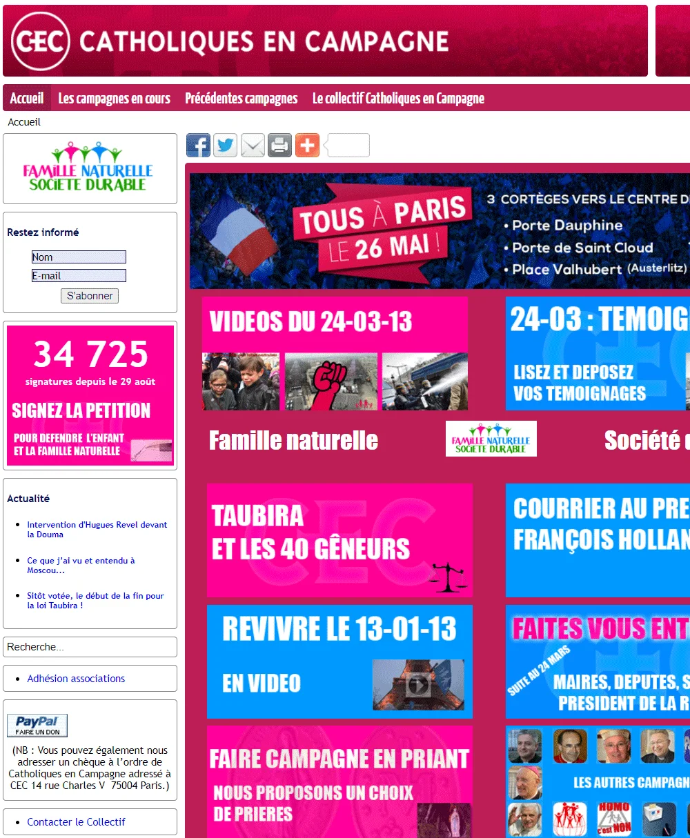 Capture d&rsquo;écran du site web « Catholiques en Campagne » présentant divers encadrés et bannières d&rsquo;actualités, de pétitions et d&rsquo;appels à la mobilisation.