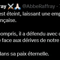 Capture d&rsquo;une publication X de l&rsquo;abbé Raffray (@AbbeRaffray) rendant hommage à une personnalité disparue.
