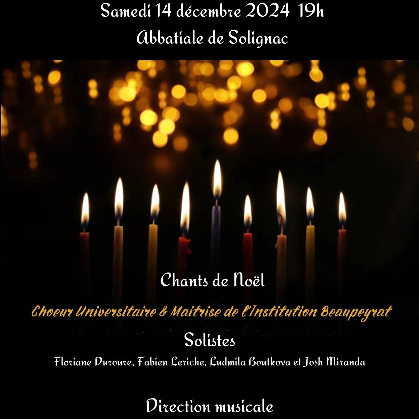 Affiche annonçant un concert de chants de Noël le 14 décembre 2024 à l&rsquo;abbatiale de Solignac, illustrée de bougies allumées sur fond d&rsquo;effets lumineux.