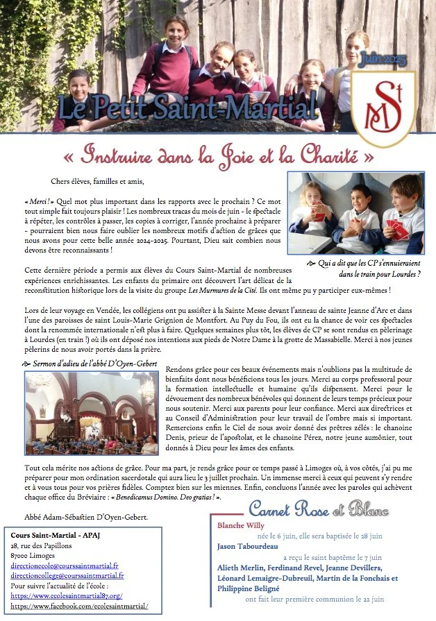 Page du bulletin d&rsquo;information « Le Petit Saint-Martial » de juin 2025, présentant des écolières souriantes en haut, des enfants jouant aux cartes dans un train et une vue de l&rsquo;intérieur d&rsquo;une église lors d&rsquo;un office.