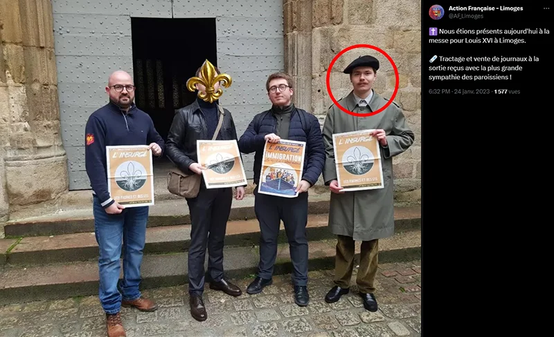 Capture d'un message X (Twitter) de Nicolas Massol montrant un groupe de personnes rassemblées dans le cimetière de l'Île d'Yeu, tenant des drapeaux et un portrait du maréchal Pétain.