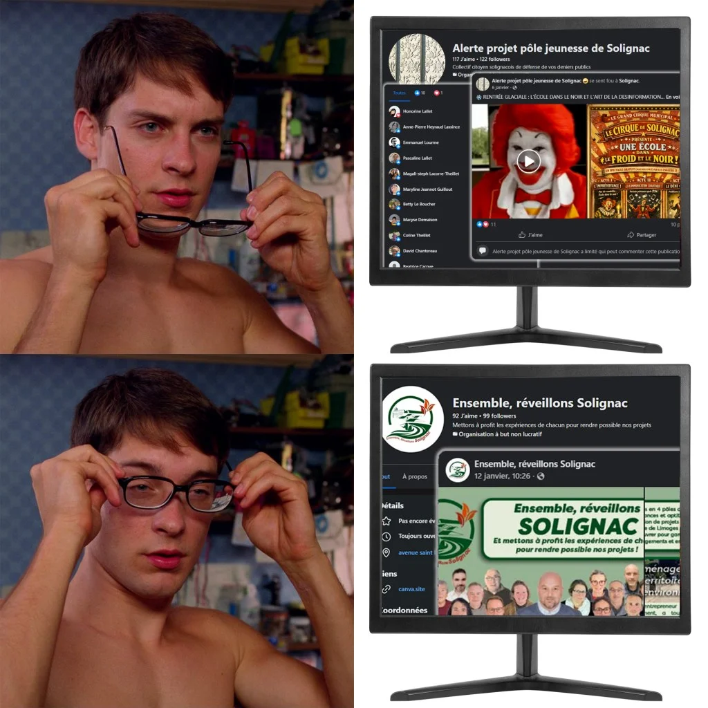 Détournement du meme Peter Parker Glasses soulignant l'origine commune de Ensemble Réveillons et Alerte au Pôle jeunesse de Solignac