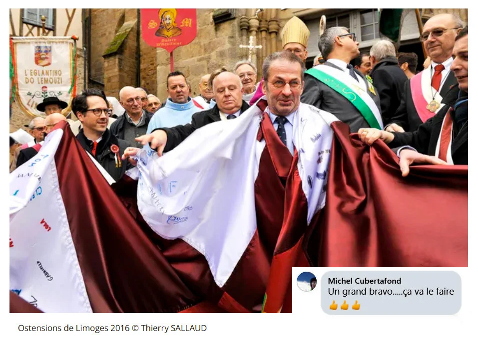 Michel Cubertafond aux ostensions de Limoges en tenue religieuse, et ses commentaires de fanboy de la liste municipale Ensemble réveillons Solignac