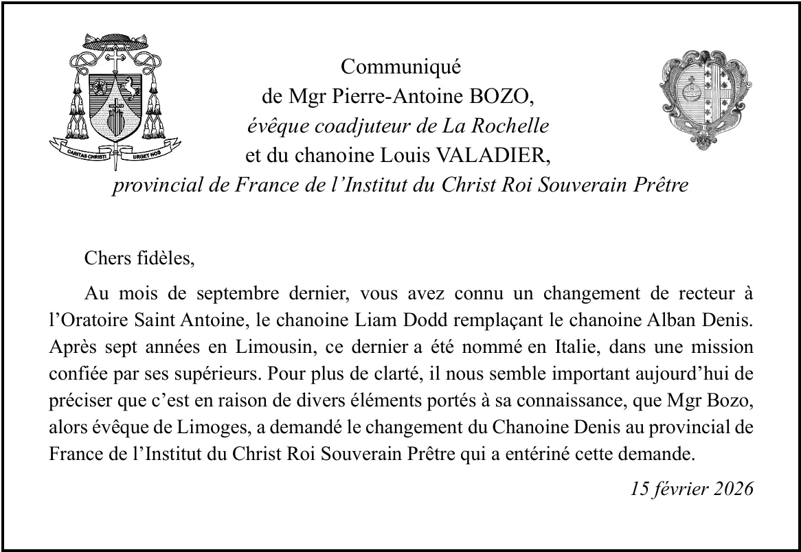 Communiqué de Mgr Pierre-Antoine Bozo sur le changement de recteur de l’oratoire Saint-Antoine à Limoges et le départ du chanoine Alban Denis pour l’Italie.