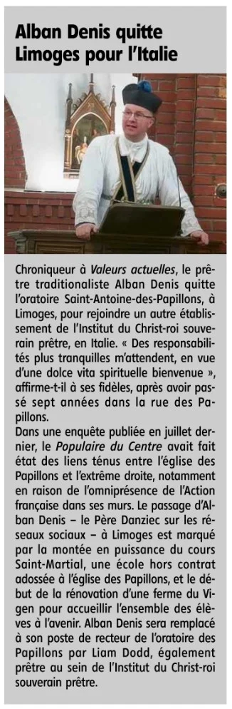 Article de journal avec Alban Denis en photo, relatant son départ de Limoges et de l’oratoire Saint-Antoine-des-Papillons pour rejoindre l’Institut du Christ-Roi Souverain Prêtre en Italie.