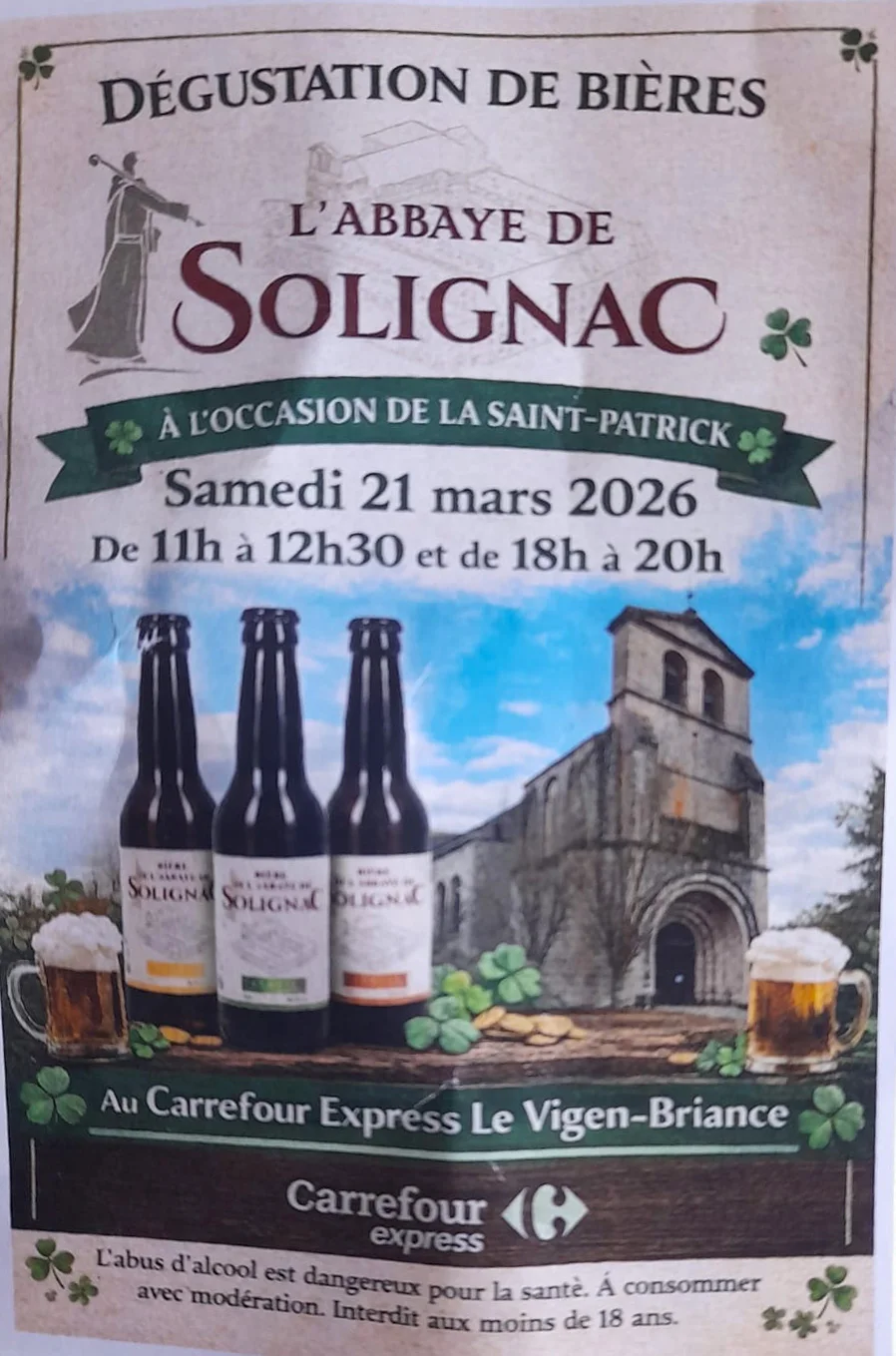 Affiche annonçant une dégustation de bières de l’abbaye de Solignac au Carrefour Express du Vigen-Briance, le samedi 21 mars 2026.